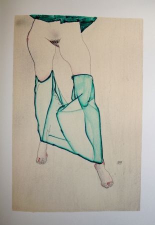 Litografia Schiele - LA FILLE AUX BAS VERTS / THE GIRL IN THE LOW GREEN - Lithographie / Lithograph - 1913