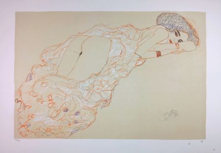 Litografia Klimt - La fille en robe longue / Reclining Nude Lying on Her Stomach and Facing Right / Auf dem Bauch liegender Halbakt nach rechts - 1910 