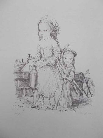 Litografia Foujita - La fille et l'enfant à la baguette de pain et au pot de lait