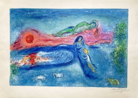 Litografia Chagall - LA MORT DE DORCON, signée à grandes marges (Daphnis et Chloé - 1961)
