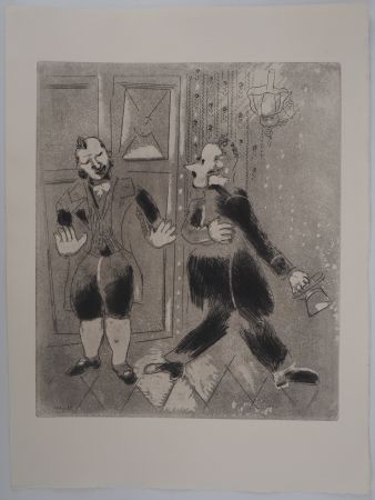 Incisione Chagall - La négociation (Le Suisse ne laisse pas entrer Tchitchikov)