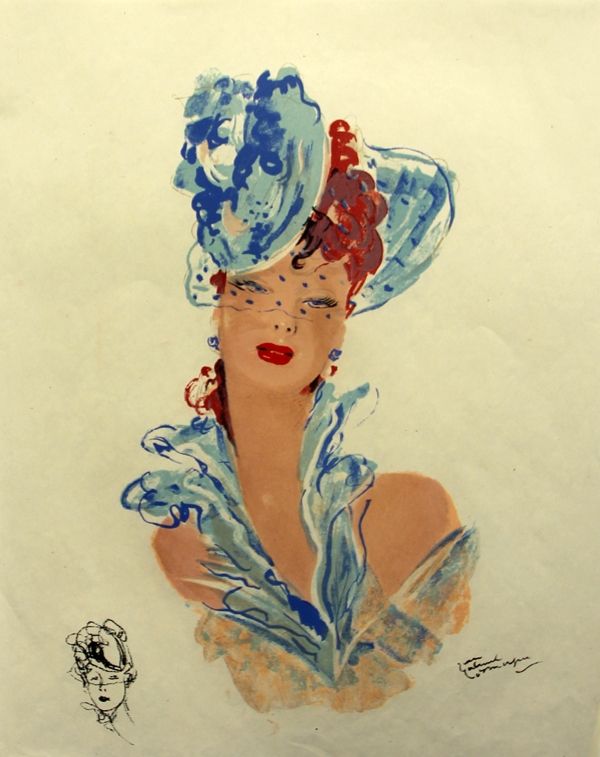 Litografia Domergue - La  Parisienne Femme au Chapeau Bleu