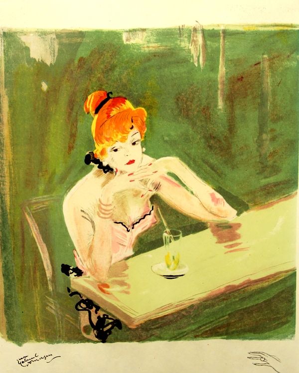 Litografia Domergue - La  Parisienne  Mauricette Au Cafe Caumartin