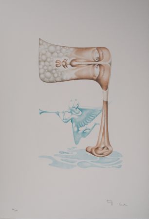 Litografia Pérahim - L'Alphabet Hébreu : Homme et trompette céleste