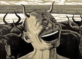 Incisione Su Legno Minjun - Laughing w/Horns