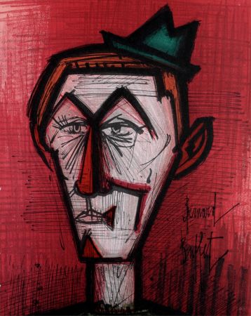 Litografia Buffet - Le clown au fond rouge, 1967.