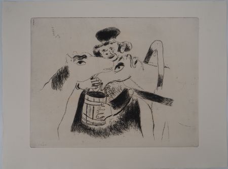 Incisione Chagall - Le cocher et ses chevaux (Le cocher donne à manger à ses chevaux)