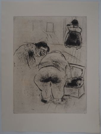 Incisione Chagall - Le déménagement (Notre héros tenait à être prêt)