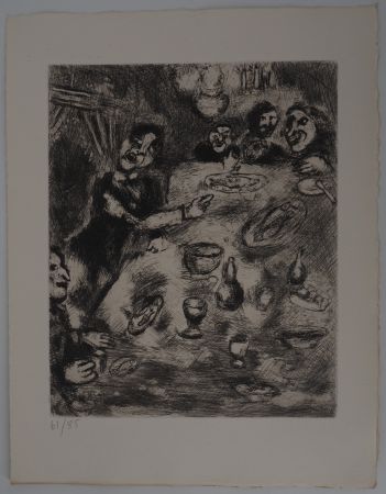 Incisione Chagall - Le dîner (Le rieur et les poissons)