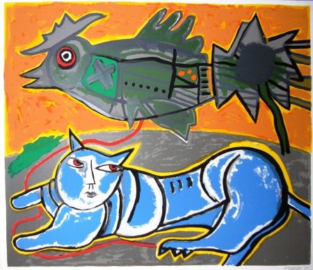 Serigrafia Corneille - Le grand chat bleu et l'oiseau