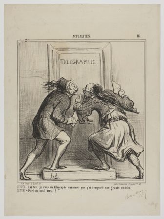 Litografia Daumier - LE GREC - Pardon, je vais au télégraphe annoncer que j'ai remporté une grande victoire. LE TURC - Pardon, moi aussi! 