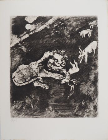Incisione Chagall - Le lion fourbe (La Génisse, la Chèvre, et la Brebis, en société avec le Lion)