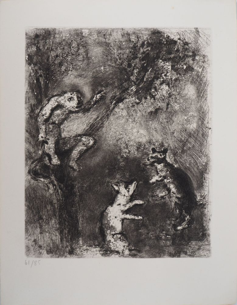 Incisione Chagall - Le loup, le renard et le singe (Le Loup plaidant contre le Renard devant le Singe)