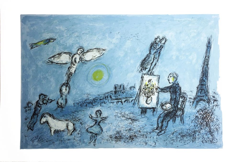Litografia Chagall - LE PEINTRE ET SON DOUBLE (Épreuve à plat sur Arches). 1981.