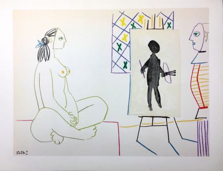 Litografia Picasso - Le peintre masqué et son modèle (La Comédie Humaine - Verve 29-30. Vallauris1954).