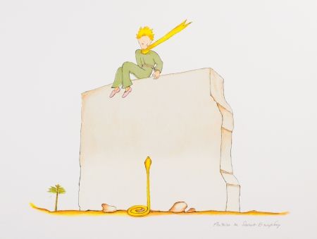 Litografia Saint-Exupéry - Le Petit Prince et le serpent au pied du mur