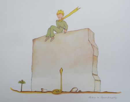 Litografia Saint-Exupéry - Le petit prince et le serpent au pied du mur