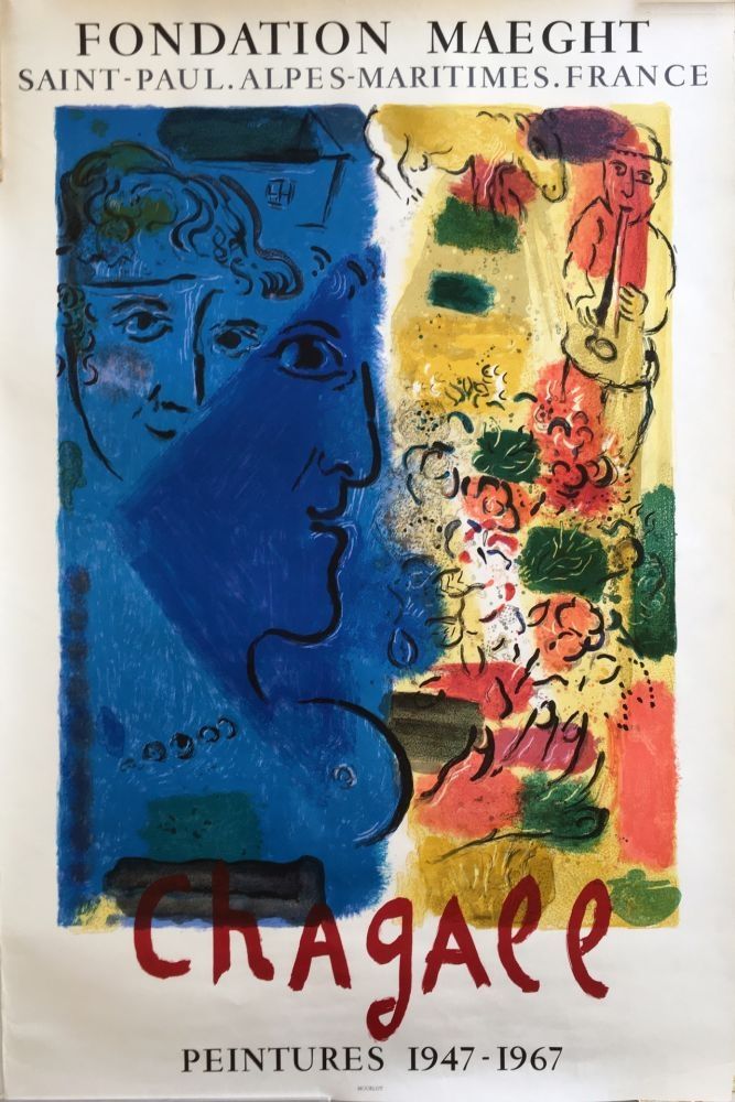 Manifesti Chagall - LE PROFIL BLEU. Affiche d'exposition. Lithographie originale. 1967.