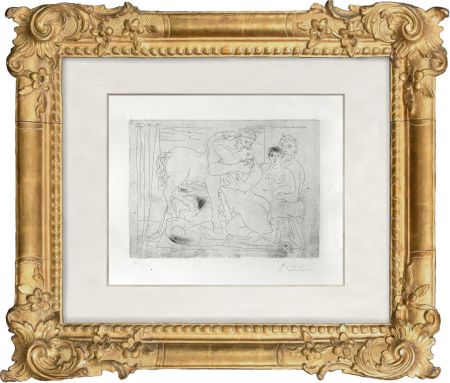 Incisione Picasso - Le repos du sculpteur devant un centaure et une femme