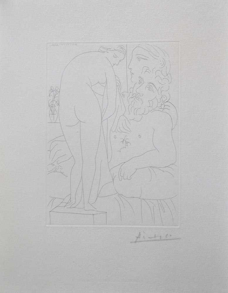 Incisione Picasso - Le repos du sculpteur devant un nu à la draperie, pl. 51 (B160 Vollard)