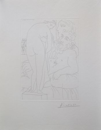 Incisione Picasso - Le repos du sculpteur devant un nu à la draperie, pl. 51 (B160 Vollard)