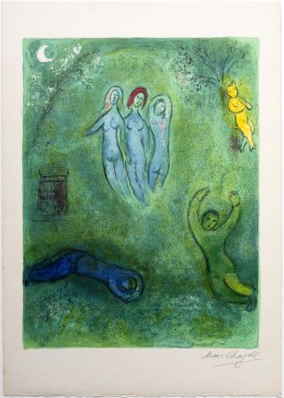 Litografia Chagall - Le songe de Daphnis et les Nymphes (Daphnis' dream and the nymphs)  de la suite Daphnis et Chloé. 1961.