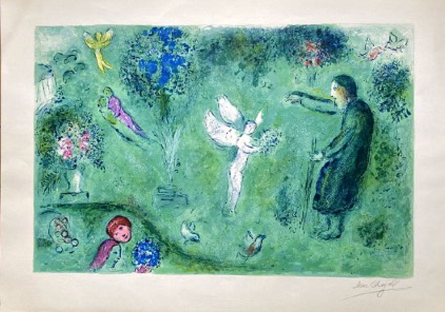 Litografia Chagall - LE VERGER DE PHILETAS, signée à grandes marges (Daphnis et Chloé - 1961)