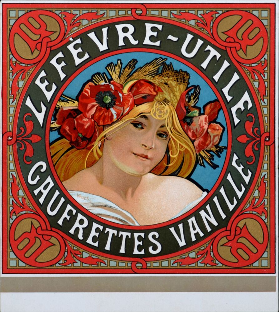 Litografia Mucha - Lefèvre-Utile, Gaufrettes vanille - Lithograph enhanced with golden ink (Very scarce!)