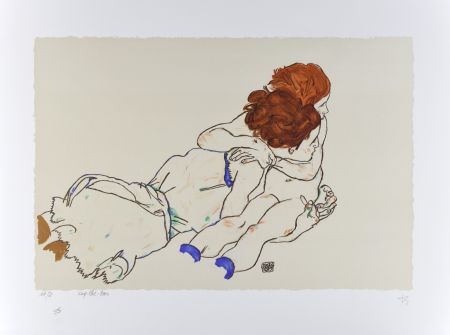 Litografia Schiele - L'envol / The flight, 1917 (Mutter mit kind / Mother and child)