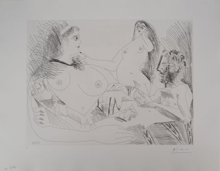 Incisione Picasso - Les 156, planche 144 : Belle jeune femme à sa toilette rêvant qu'elle possède un petit homme des bois émacié portant un oiseau