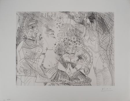 Incisione Picasso - Les 156, planche 154 : La Fête de la patronne, confetti et diablotin. Fine tranche de Degas