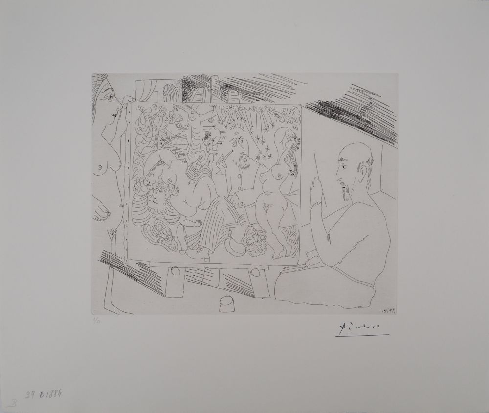 Incisione Picasso - Les 156, planche 29 : Peintre dans son atelier peignant « Le Déjeuner sur l’herbe », avec un modèle