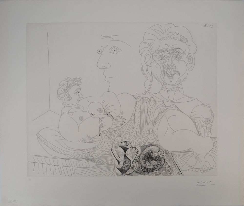 Incisione Picasso - Les 156, planche 4 : Vieux modèle pour jeune odalisque, le double regard du peintr