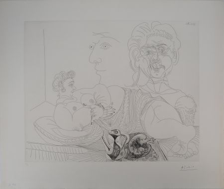 Incisione Picasso - Les 156, planche 4 : Vieux modèle pour jeune odalisque, le double regard du peintr