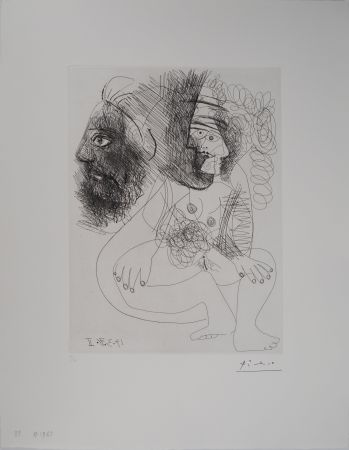 Incisione Picasso - Les 156, planche 88 : Portrait et nu cubiste