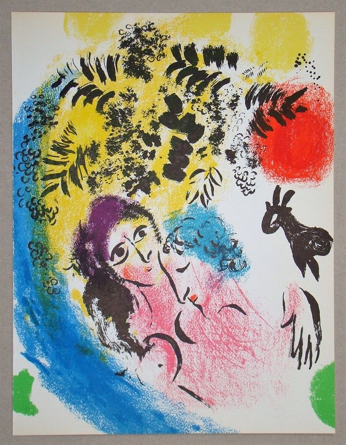 Litografia Chagall - Les Amoureux Au Soleil Rouge