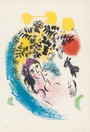 Litografia Chagall - Les amoureux au soleil rouge