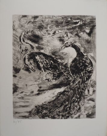 Incisione Chagall - Les paons (Le geai paré des plumes du paon)