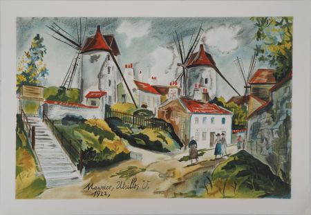 Litografia Utrillo - Les trois moulins à Montmartre