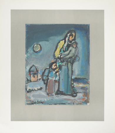 Litografia Rouault - L'Hiver, Famille marchant dans la neige, c