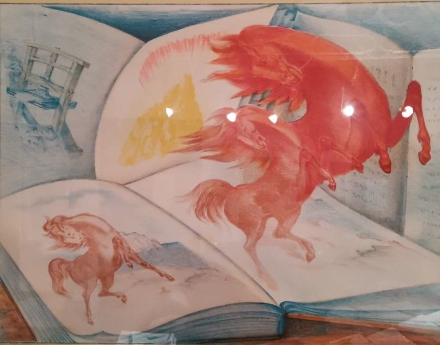 Litografia Sassu - Libri e cavalli 