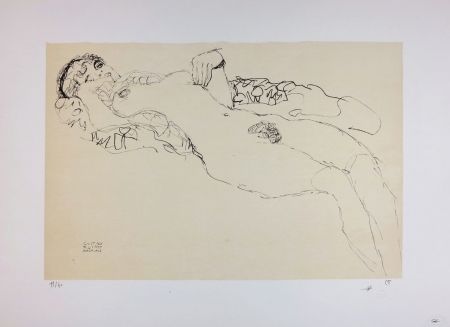 Litografia Klimt - Liegender Mädchenakt nach links / Reclining female nude facing left - 1914