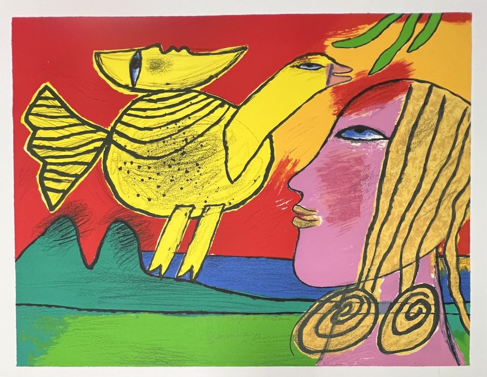 Litografia Corneille - Lithographie La lune compagne de l'oiseau 1993