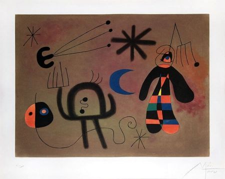 Acquatinta Miró - L'Oiseau-fusée vise la fourche glissant en cascade vers le point noir (The Rocket-Bird Aims for the Fork Cascading Down Toward the Black Point), 1952