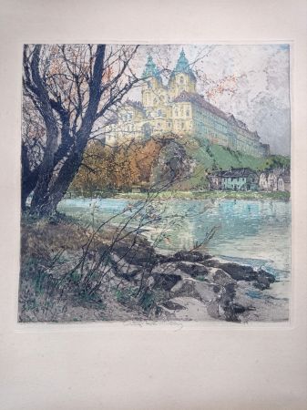 Acquaforte E Acquatinta Kasimir - Luigi Kasimir, View from Vienna - Melk Abbey - Handcoloured Etching, 1920s
