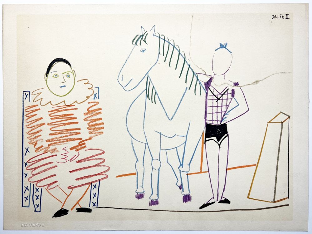 Litografia Picasso - L'écuyère, le cheval et le clown (La Comédie Humaine - Verve 29-30. 1954).