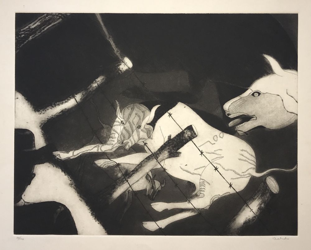 Incisione Toledo - Man and Cows with Barbed Wire Fence