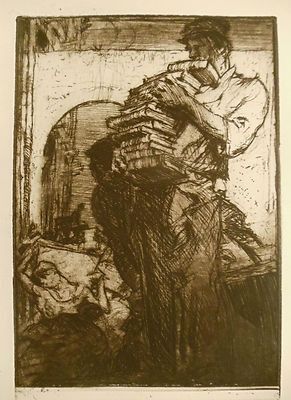 Incisione Brangwyn - Man Carrying a Pile of Books