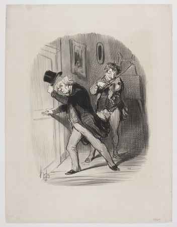 Litografia Daumier - Manière polie de mettre un bourgeois à la porte d'un atelier, lui jouer quarante sept fois de suite l'air de la Monaco. 
