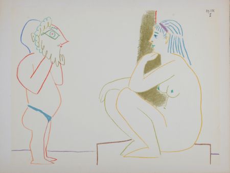 Litografia Picasso - Masked and model, 1954